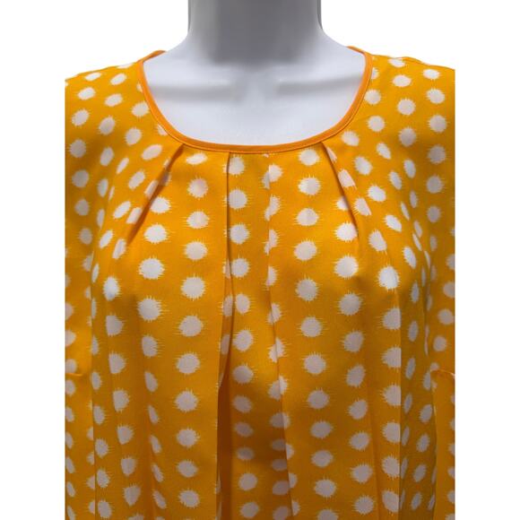 Michael Kors Womens SZ L Boxy Yellow Floaty Blouse Top Polka Dot pleated white - Picture 2 of 6